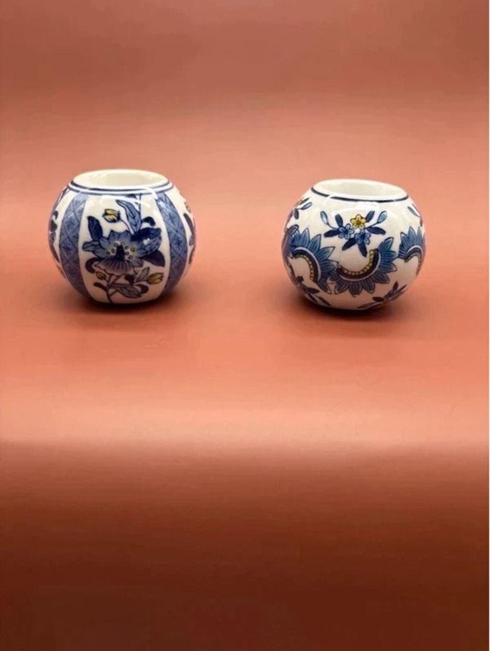 2-Chinoiserie Blue & White & Yellow Tea Light Candle Holder Ball
